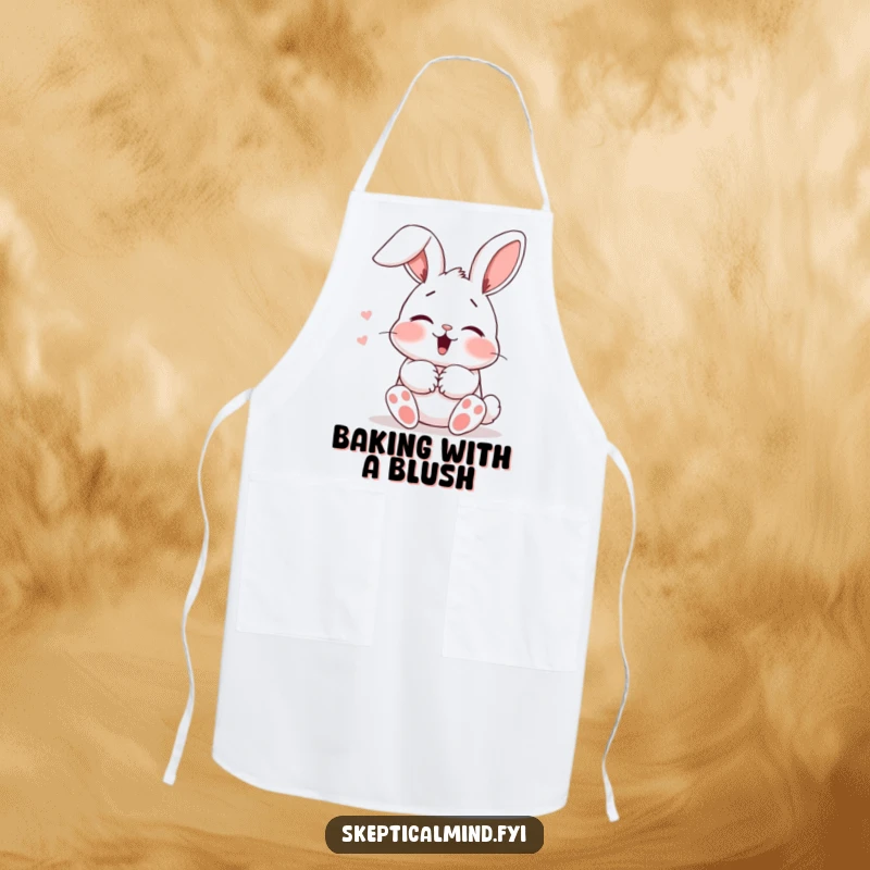 Funny Apron: A blushing bunny giggles shyly behind its paws, ears flopped, a cute design for kitchen fun.