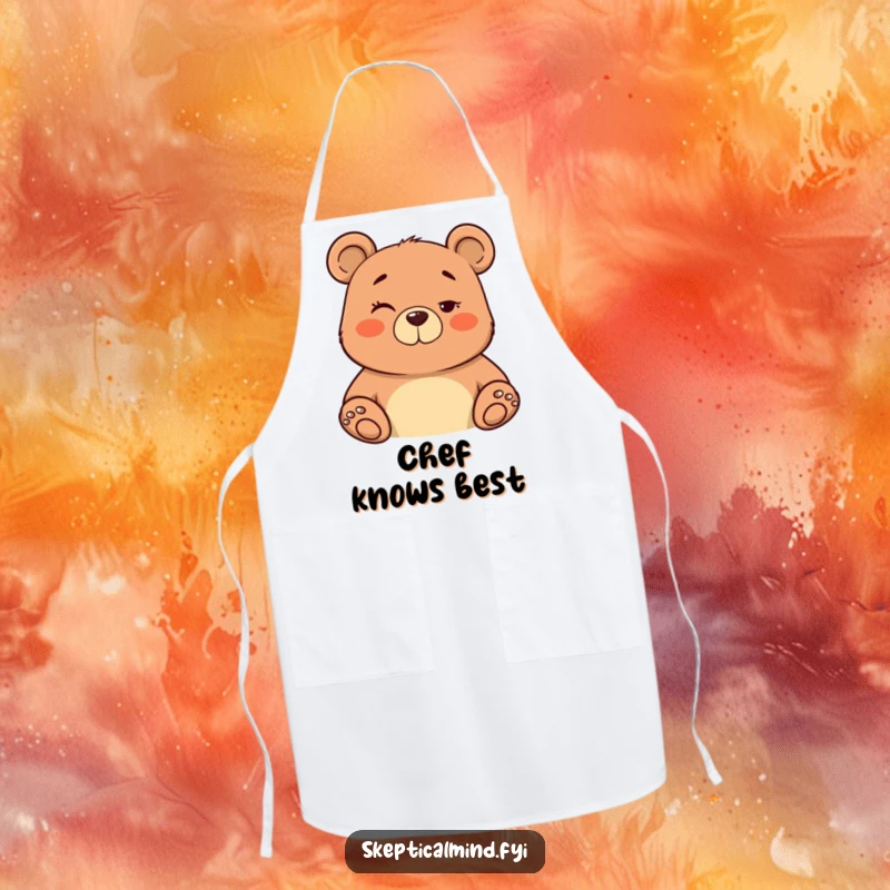 Funny apron with a confident bear giving a knowing wink and subtle nod, ready to cook with flair.