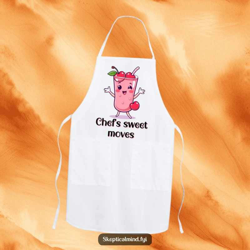 Funny Cherry smoothie character doing a playful dance, designed for a functional and funny kitchen apron.
