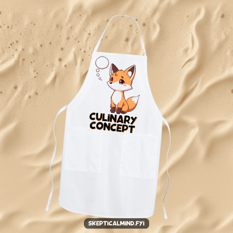 Funny apron featuring a curious fox with a raised eyebrow, observing a thought bubble, ready for thoughtful food preparation.