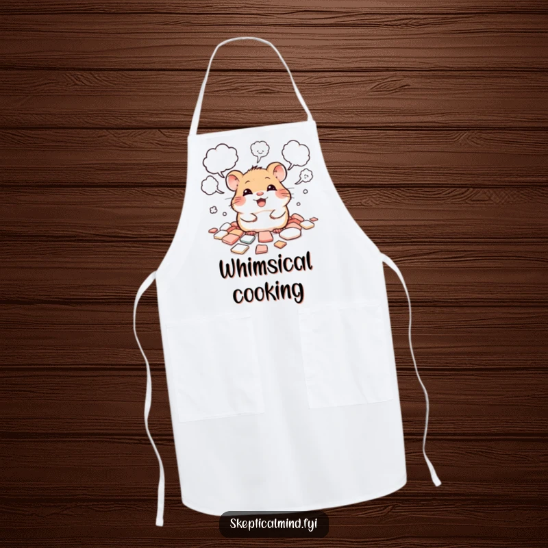 Funny apron with a giggling hamster peeking from scattered thought bubbles, ready to whip up imaginative dishes.