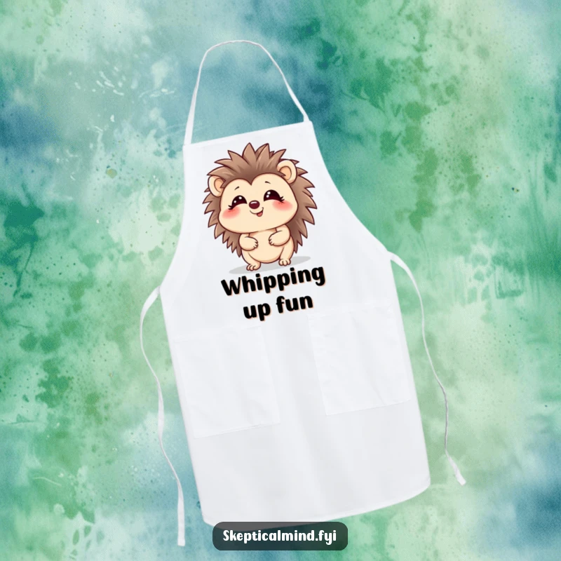 Funny hedgehog apron with a giggling character looking up with a playful glint, perfect for cooking.