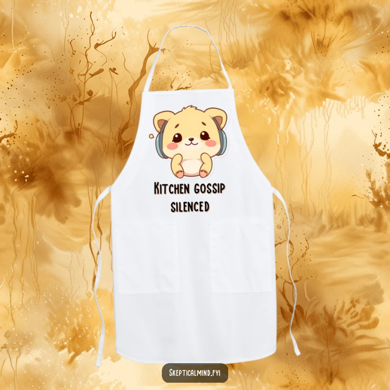 Funny apron featuring a kawaii animal wearing earmuffs, shaking its head at a whisper, ideal for humorous focus in the kitchen.