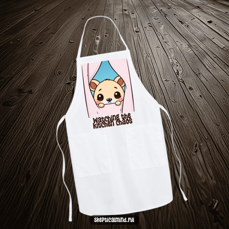 Funny apron featuring a kawaii animal peeking from behind a curtain, its wide, doubtful eyes adding humor to kitchen tasks, making it a great gift.