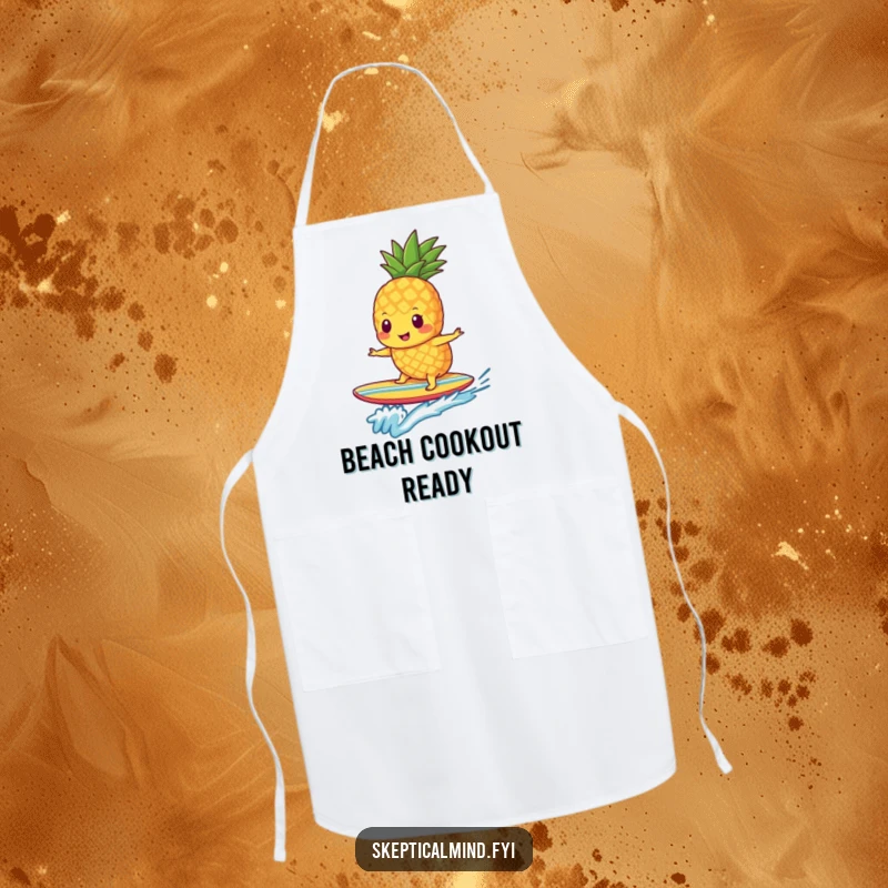 Funny pineapple smoothie character wearing an apron while surfing on a mini surfboard, ready to cook with humor.