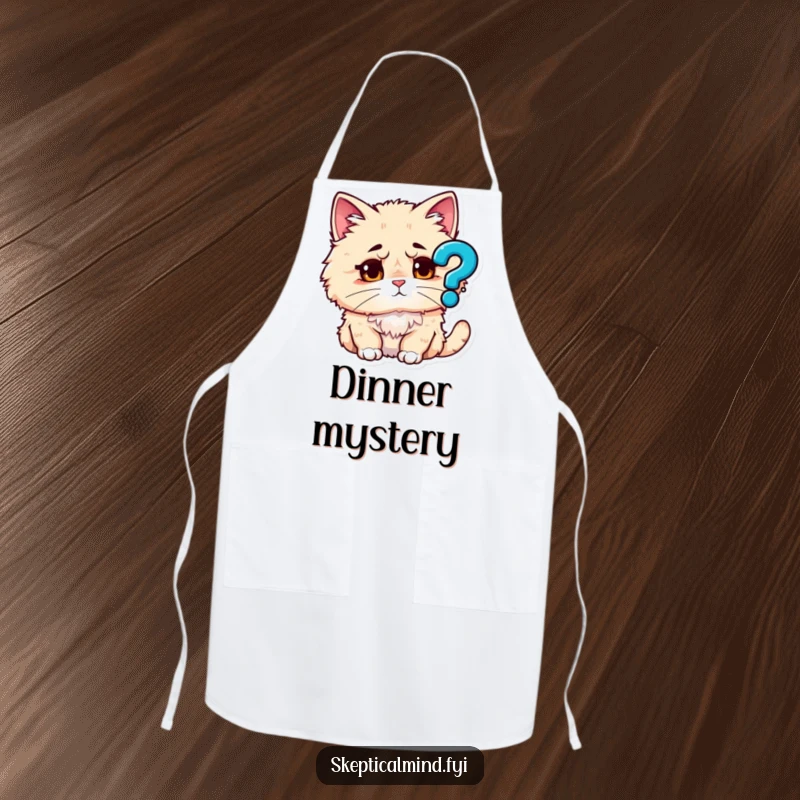 Funny apron featuring a fluffy cat looking puzzled at a question mark icon, making meal prep a curious affair.