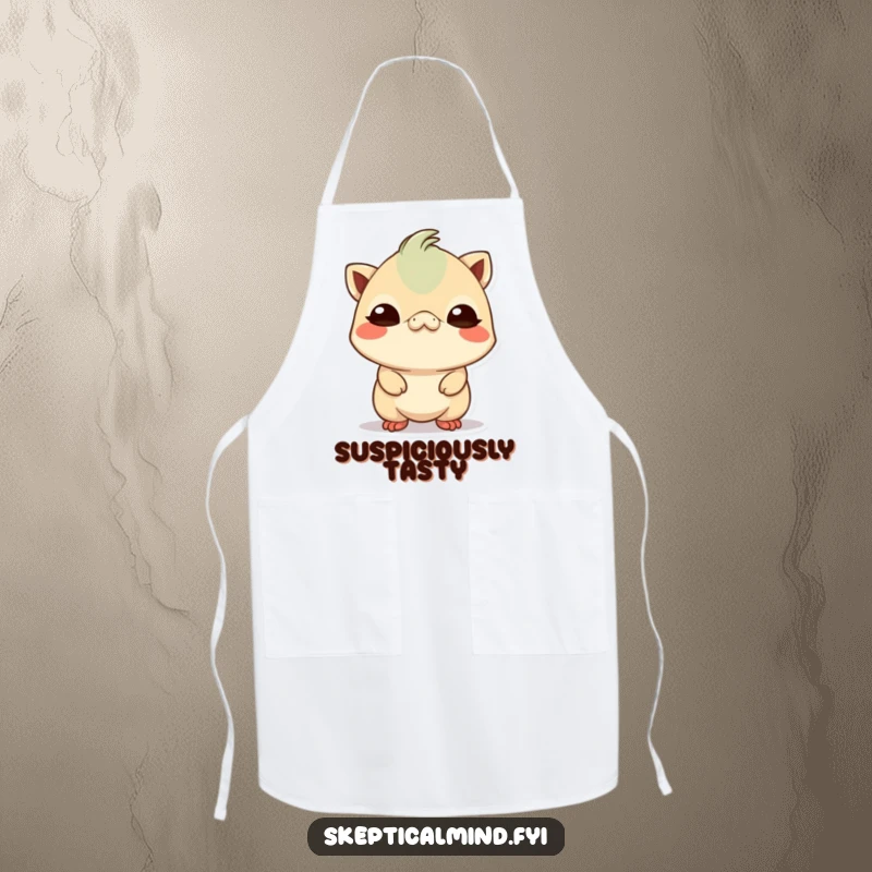 Funny small Kawaii creature tilting its head with a comically skeptical expression, adorning a fun apron for the kitchen.
