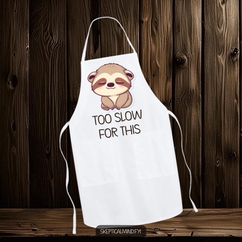 Funny sloth apron showing a sleepy sloth slowly blinking one eye with a hilariously unimpressed look, perfect for slow-cook enthusiasts.