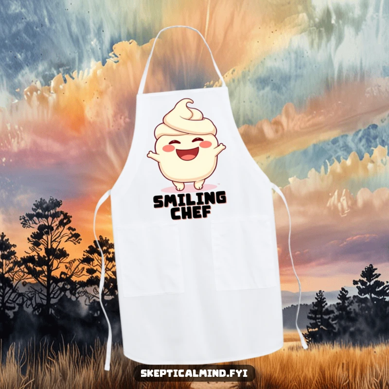 Funny kitchen apron with a delightfully smiling sour cream character, ready to add a touch of humor to cooking tasks.