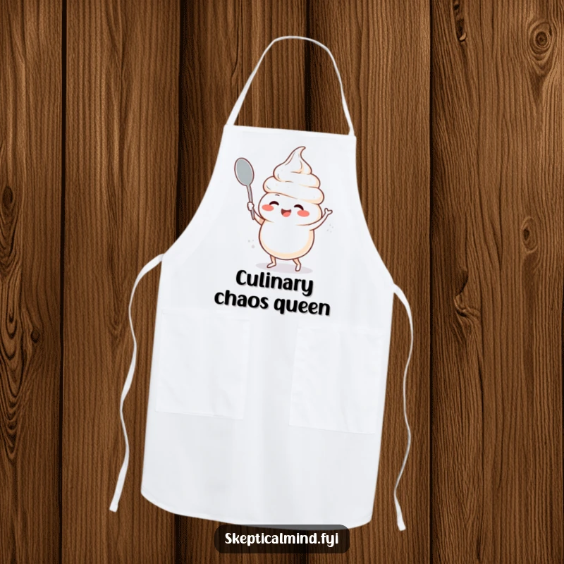 Funny kitchen apron featuring a giggling sour cream character doing a silly spoon dance while cooking, ensuring a fun culinary experience.