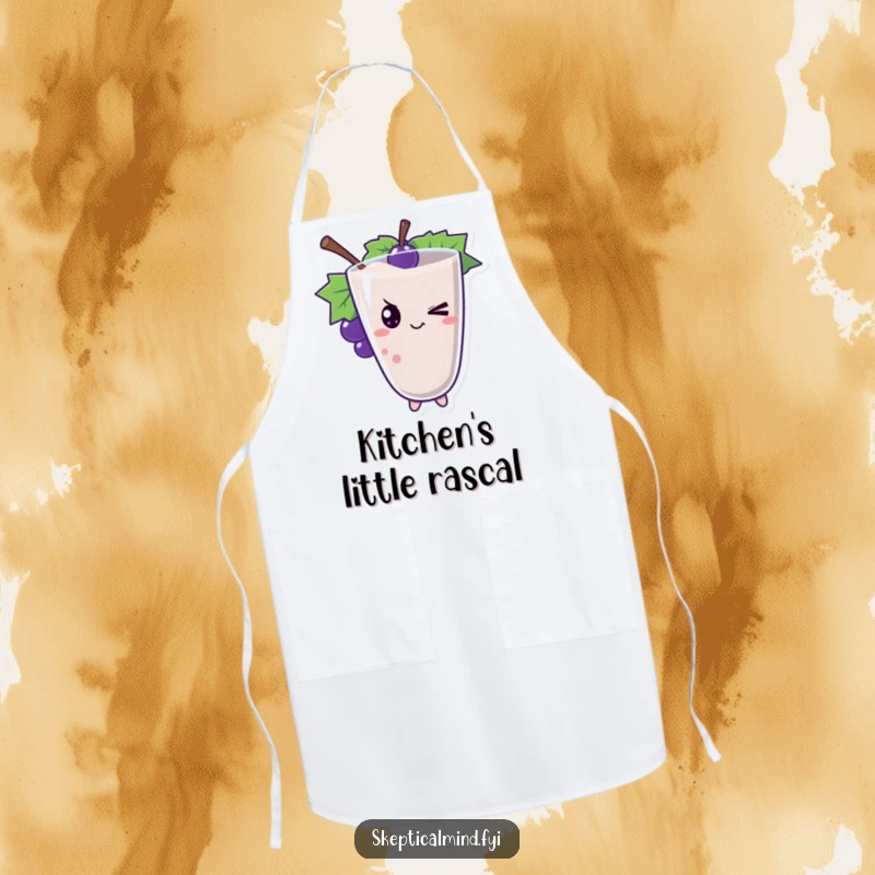 Funny grape smoothie character giving a mischievous wink, ready to help in the kitchen on this apron.