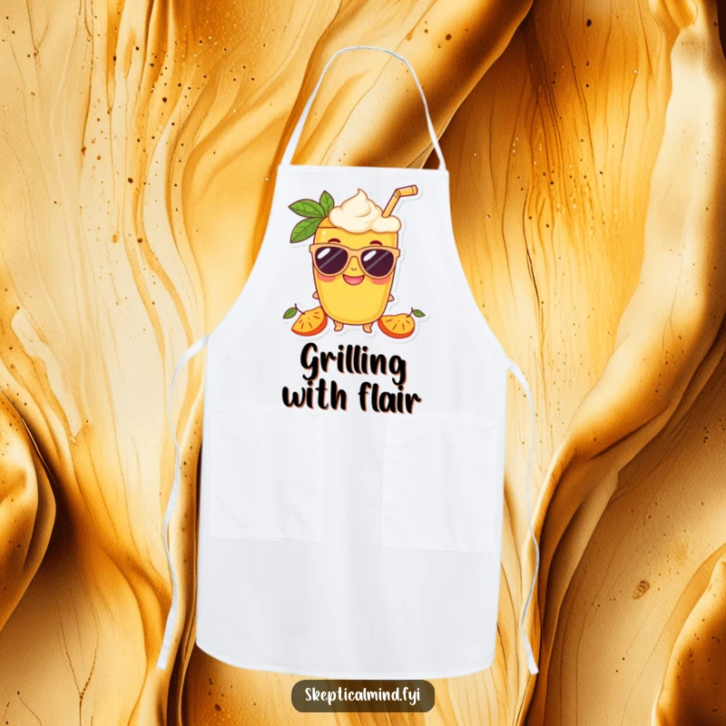Funny Mango smoothie character in oversized sunglasses with a grin, designed for a cool and funny apron.