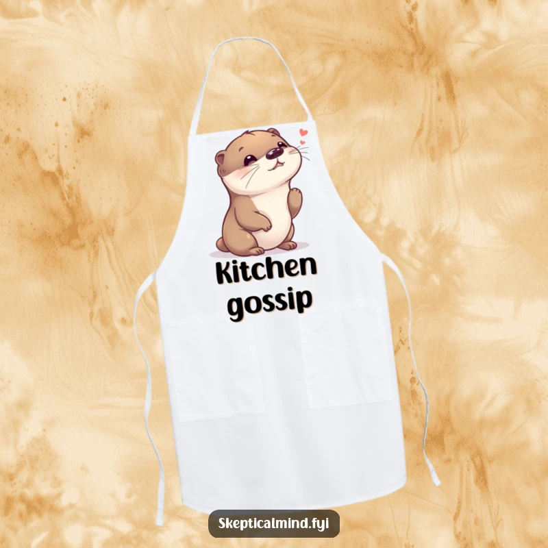 Funny apron featuring a giggling otter with its head tilted, listening intently to a faint whisper, ready for kitchen fun.