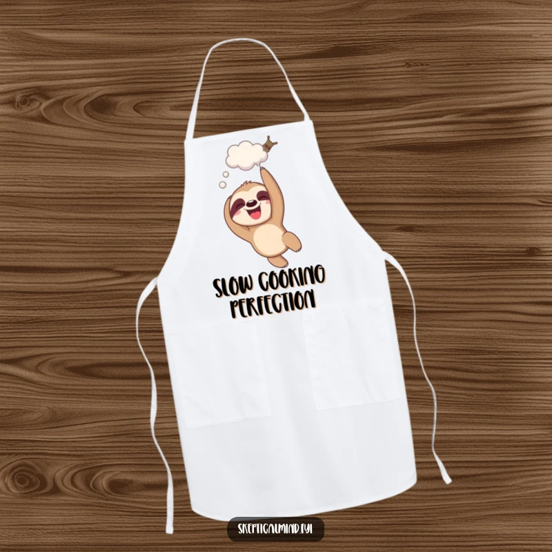 Funny giggling sloth apron showing a sloth dangling upside down with a thought bubble, perfect for relaxed cooks.