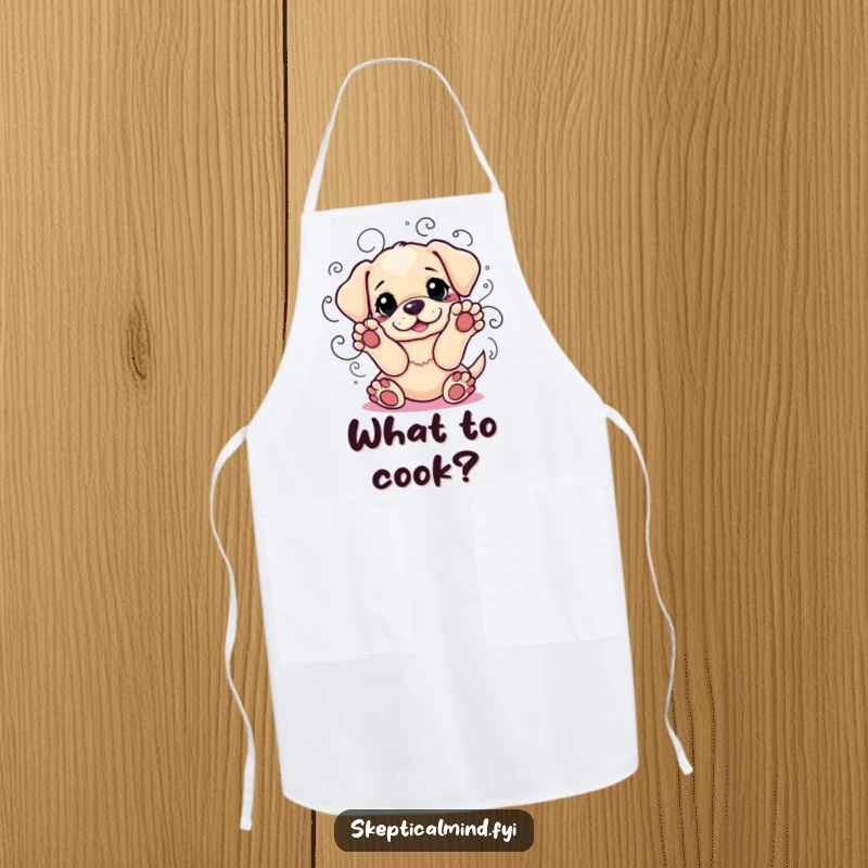 Funny apron featuring a playful puppy with paws up, surrounded by indecision lines, ready for thoughtful food preparation.