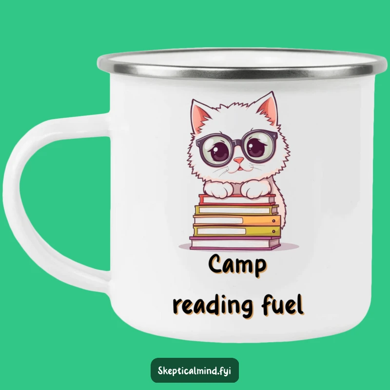 Funny Cat Camping Mug: Durable mug with bookish cat and glasses, great outdoors gift.