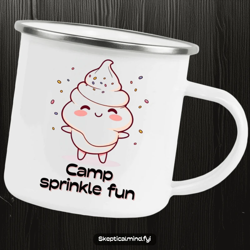 Funny camping mug with a smiling sour cream character juggling tiny sprinkles, perfect for outdoor treats and humorous drinks.