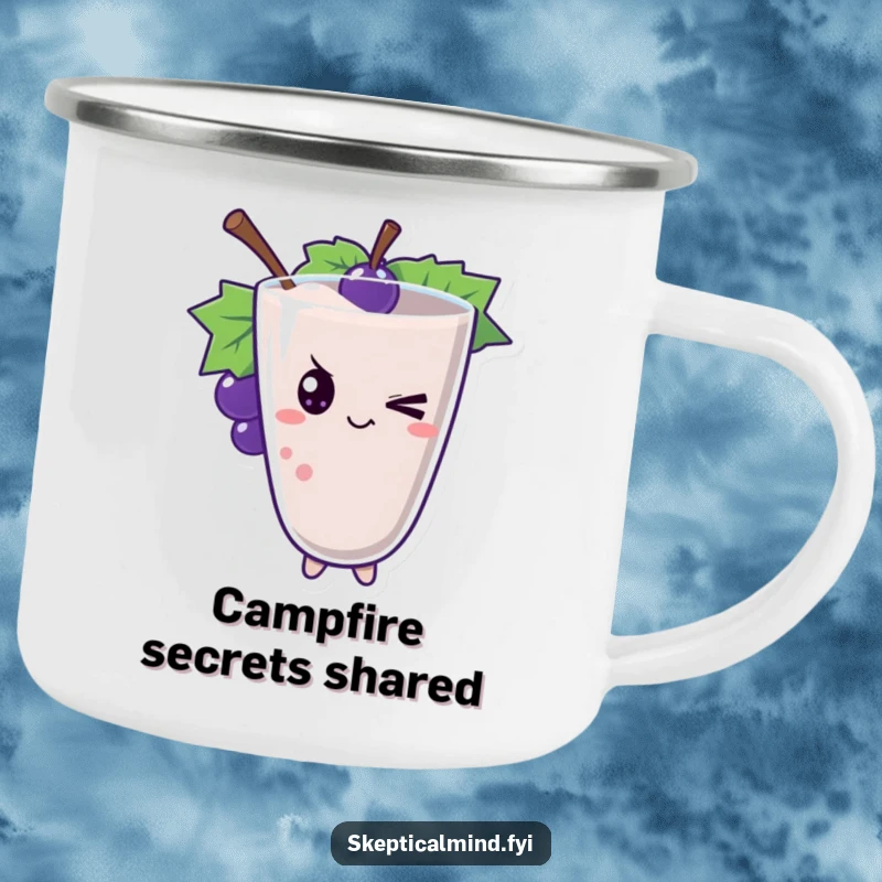 Funny grape smoothie character giving a playful wink, perfect for outdoor enjoyment on this camping mug.