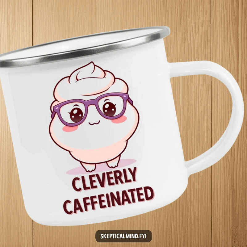 Funny enamel camping mug with a delighted sour cream character wearing oversized glasses and a silly grin, perfect for brainy adventures.