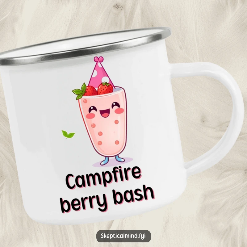 Funny camping mug with a joyful berry smoothie character wearing a tiny party hat, perfect for festive outdoor enjoyment.