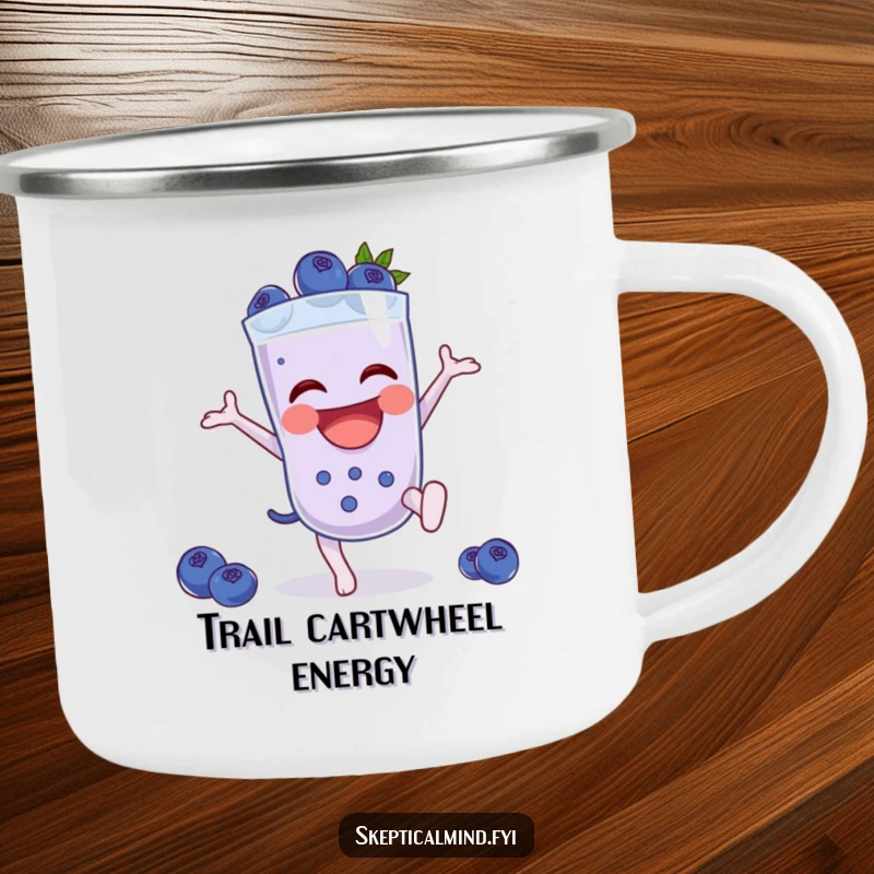 Funny Blueberry smoothie character doing a cartwheel, printed on a durable and funny camping mug.