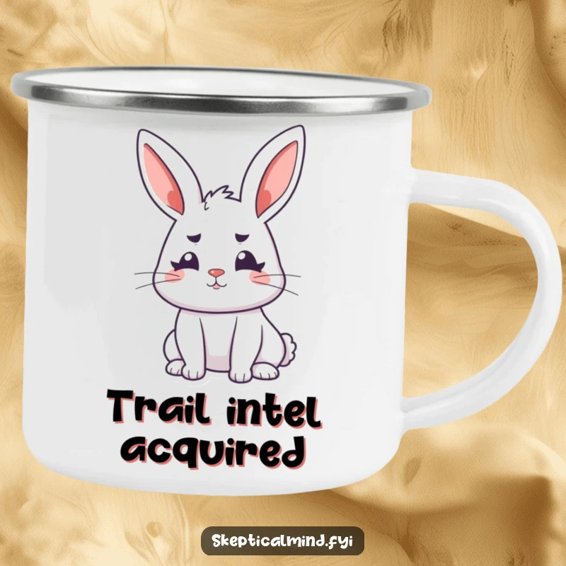 Funny bunny camping mug showing a perky rabbit with ears perked and furrowed brows, ready for outdoor reflection.