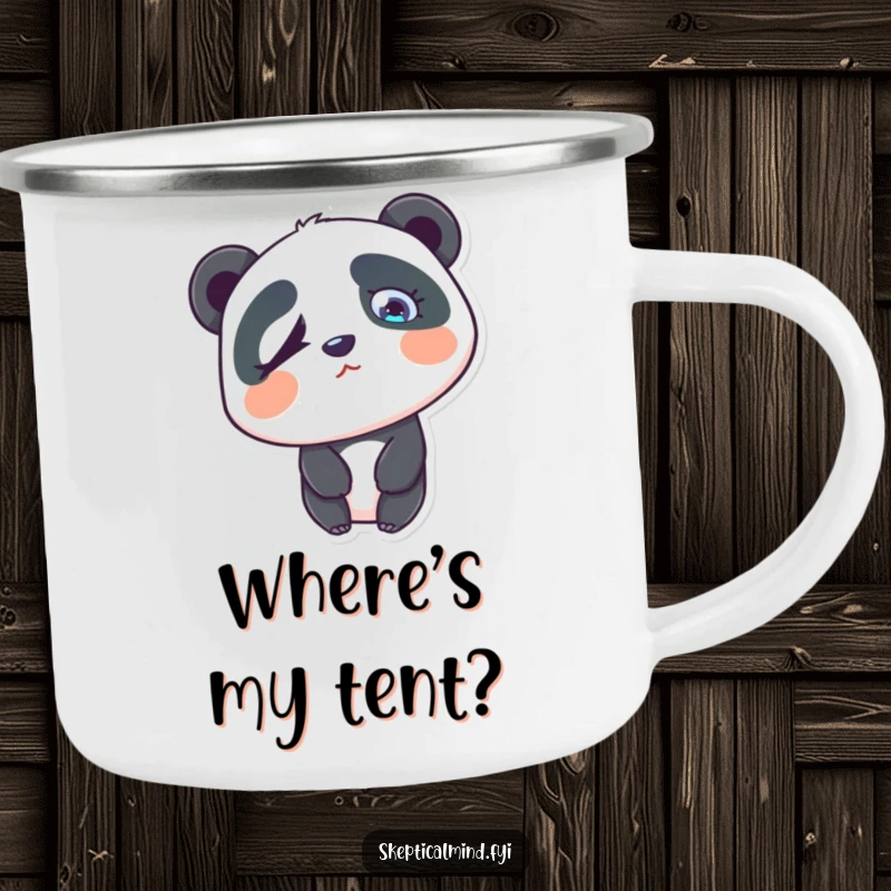 Funny confused panda camping mug showing a panda tilting its head with a quizzical, raised eyebrow.