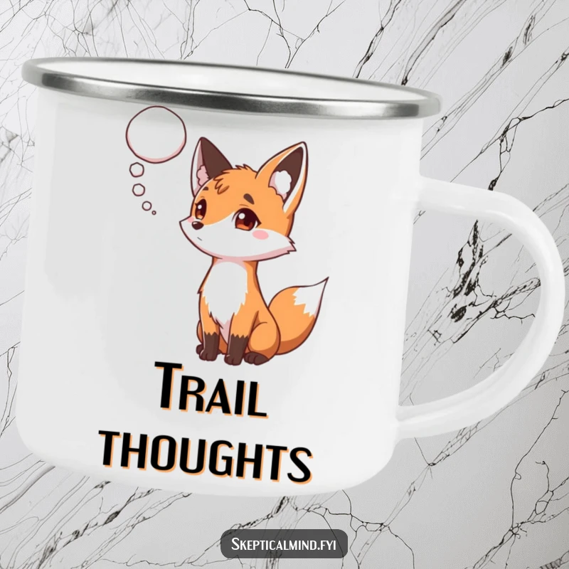 Funny camping mug featuring a curious fox with a raised eyebrow, observing a thought bubble, ready for outdoor contemplation.