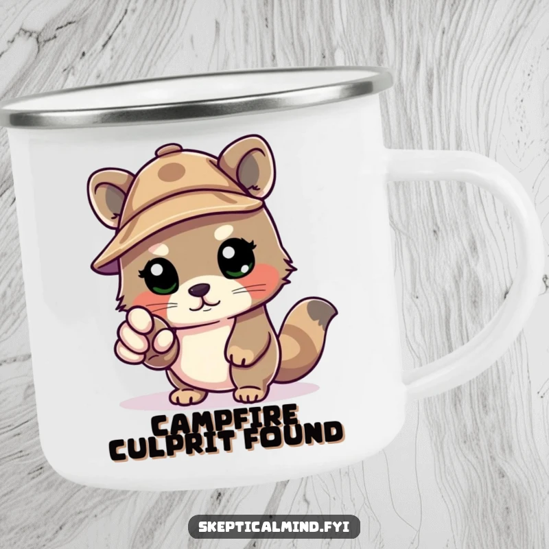 Funny Kawaii animal wearing a deerstalker hat, pointing an accusatory paw, featured on a rugged camping mug for outdoor sleuthing.