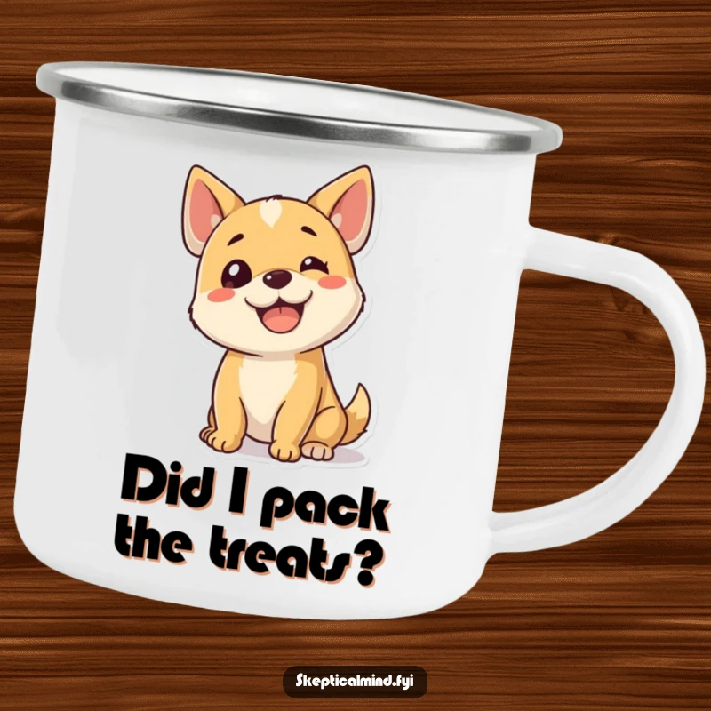 Funny dog camping mug with a happy puppy tilting its head, expressing curiosity, perfect for outdoor use and dog lovers.