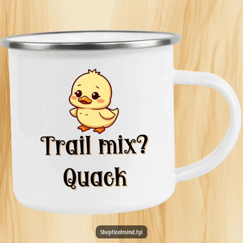 Funny duckling camping mug with a small duckling waddling, looking confused but amused, perfect for outdoor use.