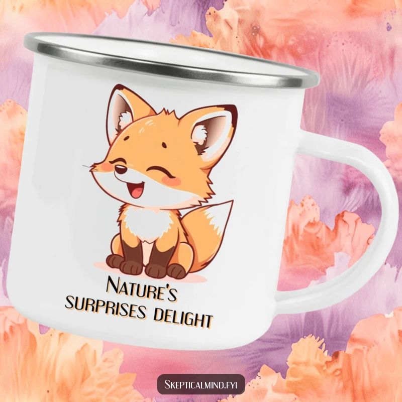 Funny Fox Cub Camping Mug: A giggling fox cub looks at something with bewildered delight, perfect for outdoor trips and a smile.