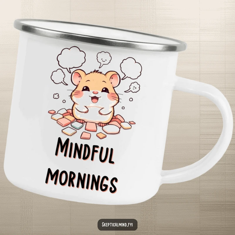 Funny camping mug with a giggling hamster surrounded by thought bubbles, celebrating creative outdoor thinking.