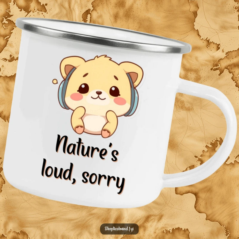 Funny camping mug with a kawaii animal wearing earmuffs, shaking its head at a whisper, symbolizing humorous tranquility outdoors.