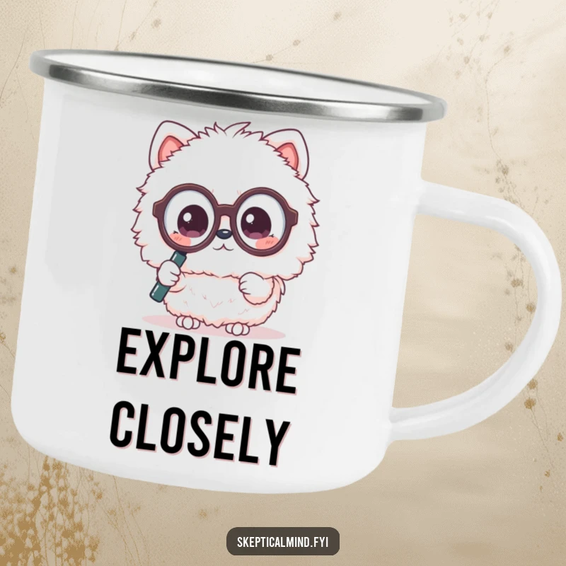 Funny camping mug with a fluffy Kawaii animal in oversized glasses, peering through a magnifying glass. Durable and charming.