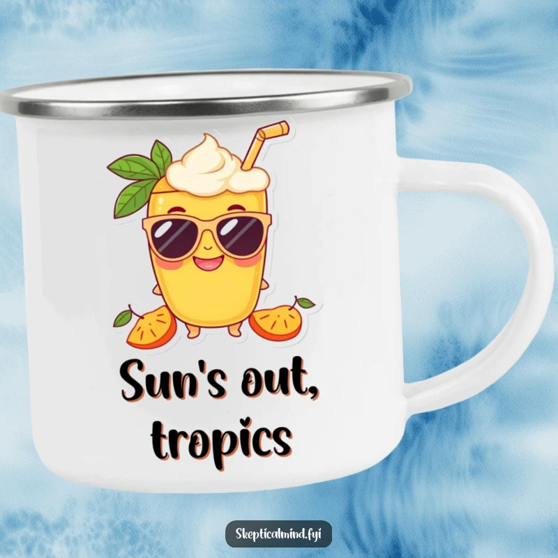 Funny Mango smoothie character wearing oversized sunglasses and a grin, printed on a durable camping mug.