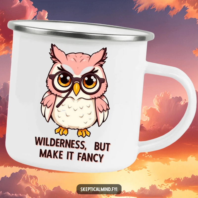 Funny Owl Camping Mug: A cute owl wearing a monocle raises an eyebrow, perfect for outdoor trips and a dose of wit.