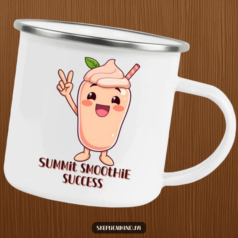 Funny camping mug with an excited peach smoothie character striking a victory pose, perfect for celebrating outdoor achievements.