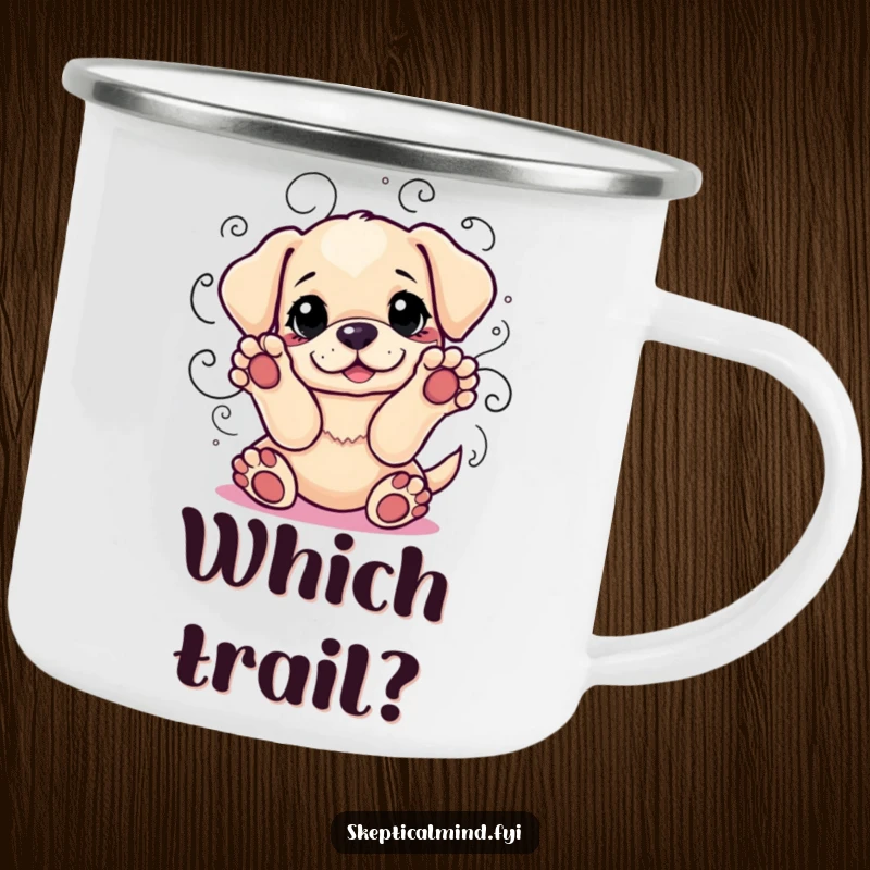 Funny camping mug featuring a playful puppy with paws up, surrounded by indecision lines, ready for outdoor contemplation.