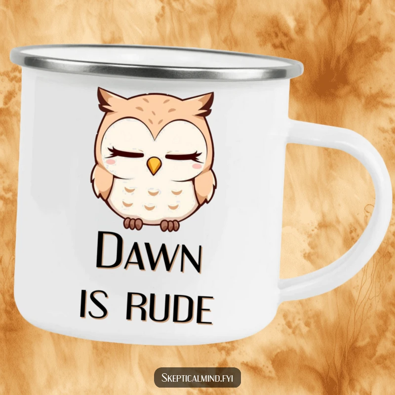 Funny Camping Mug featuring a sleepy owl tilting its head quizzically and blinking slowly, perfect for outdoor contemplation.