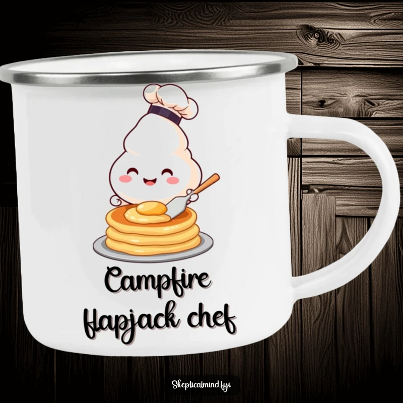 Funny camping mug with a happy sour cream character in a chef hat flipping a pancake, perfect for outdoor breakfasts and humorous drinks.