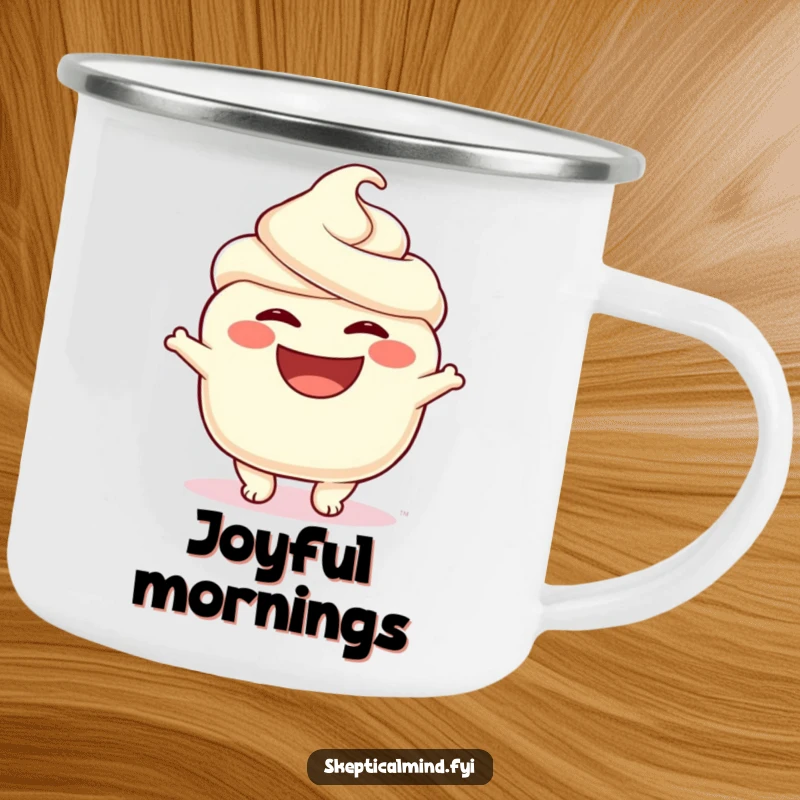 Funny camping mug showing a cheerful sour cream character with a big, happy smile, ideal for enjoying beverages outdoors.