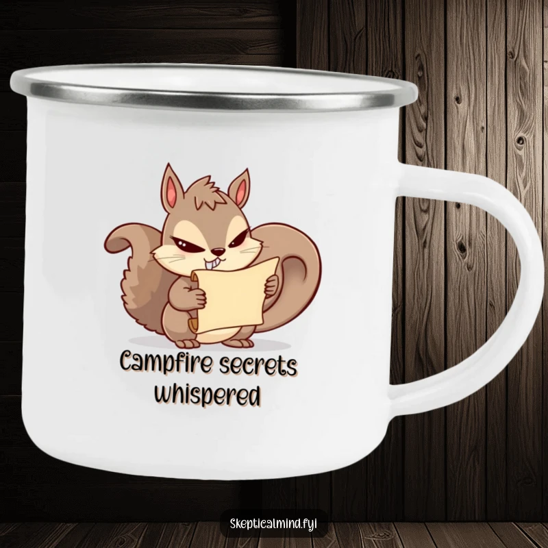 Funny squirrel camping mug featuring a mischievous squirrel holding a secret scroll, perfect for outdoor sipping and humor.
