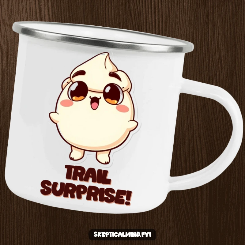 Funny camping mug with a sour cream character showing extreme surprise, wide eyes and open mouth, for outdoor humor.