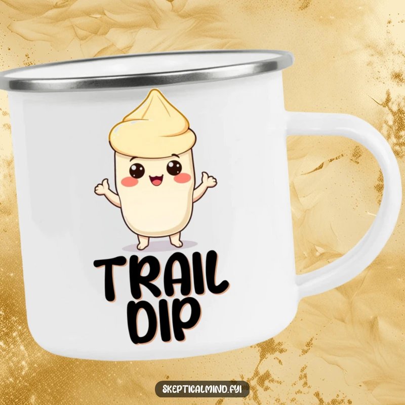 Funny camping mug with a proud sour cream character offering a chip, perfect for outdoor enthusiasts who enjoy snacks and humor.
