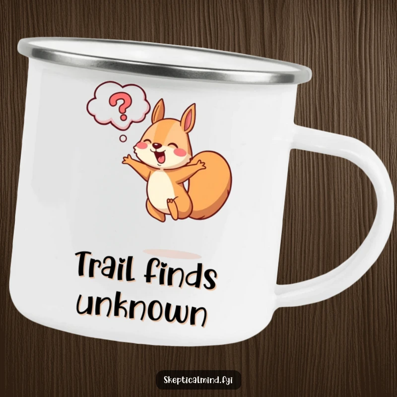 Funny squirrel leaping camping mug with a cheerful squirrel and a question mark cloud, for curious explorers.