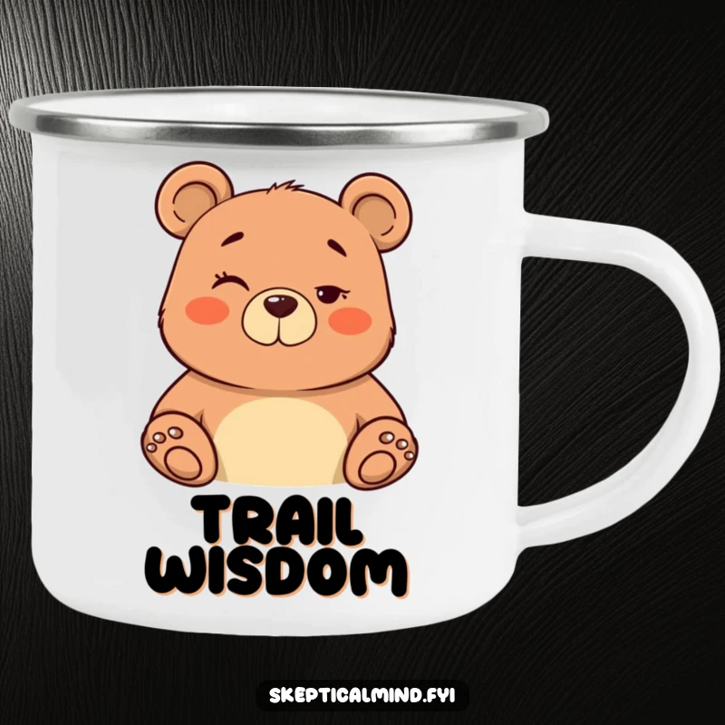Funny camping mug with a confident bear giving a knowing wink and subtle nod, representing trail leadership.