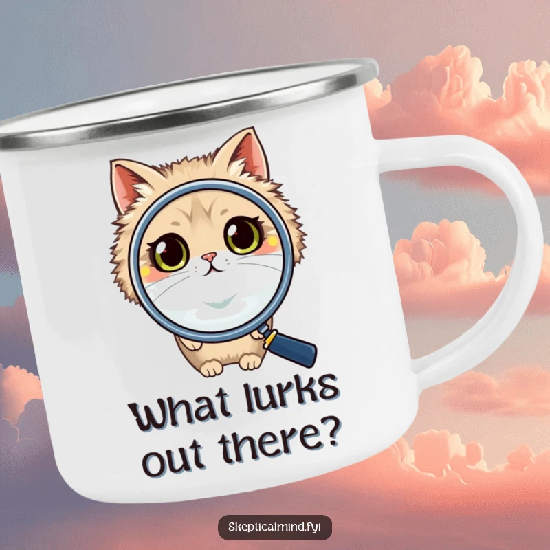 Funny cat camping mug with a fluffy cat observing through a large magnifying glass, its wide, curious eyes ready for outdoor discoveries and humor.