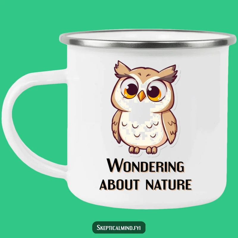 Funny Owl Camping Mug: Durable mug with curious owl and big eyes, great outdoors gift.