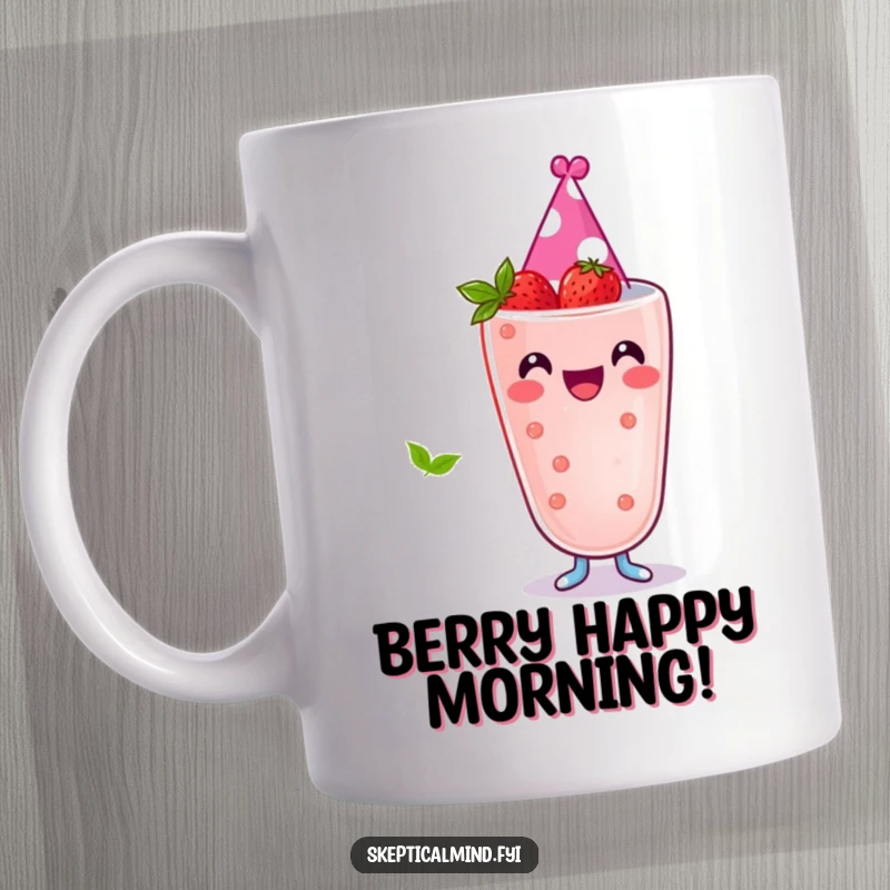 Funny mug with a joyful berry smoothie character wearing a tiny, festive party hat, exuding happiness and a celebratory spirit.